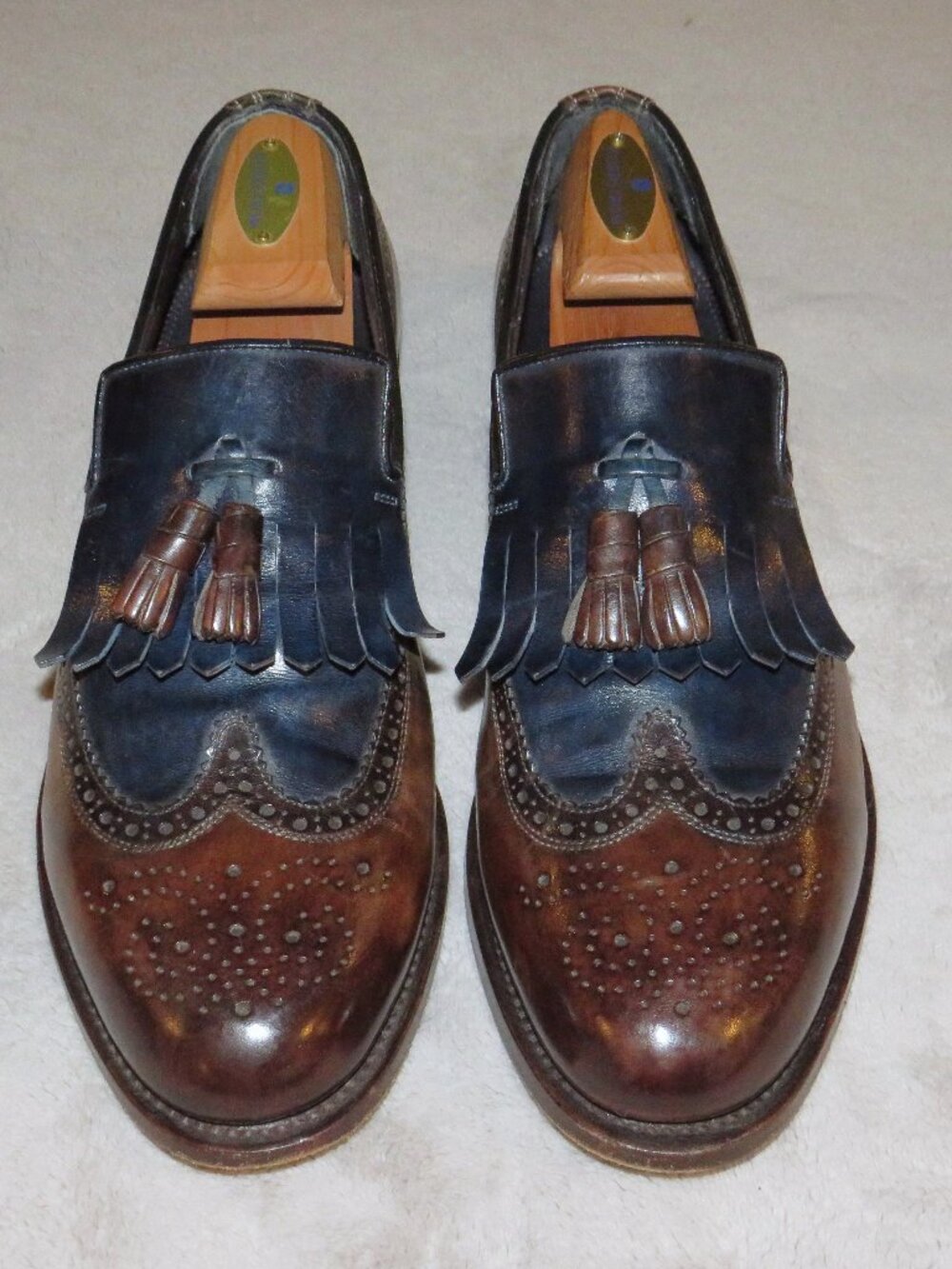 Santoni Goodyear Brown & Blue Calf Leather Kiltie Fringe Loafers 12 D